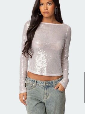 Edikted Light Pink Sequin Long Sleeve Top